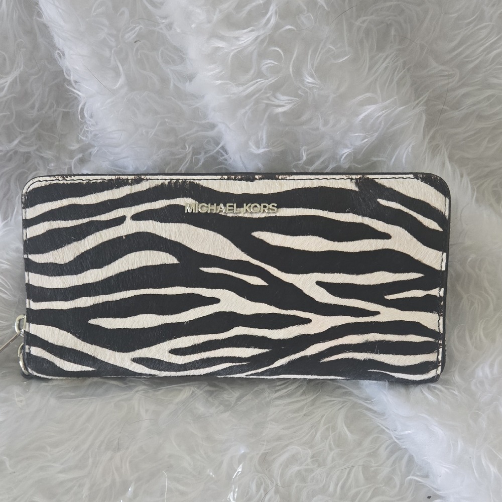 Michael‎ Kors Jet Set Travel Zebra Haircalf Continental Wallet 35S5STVE7H Black